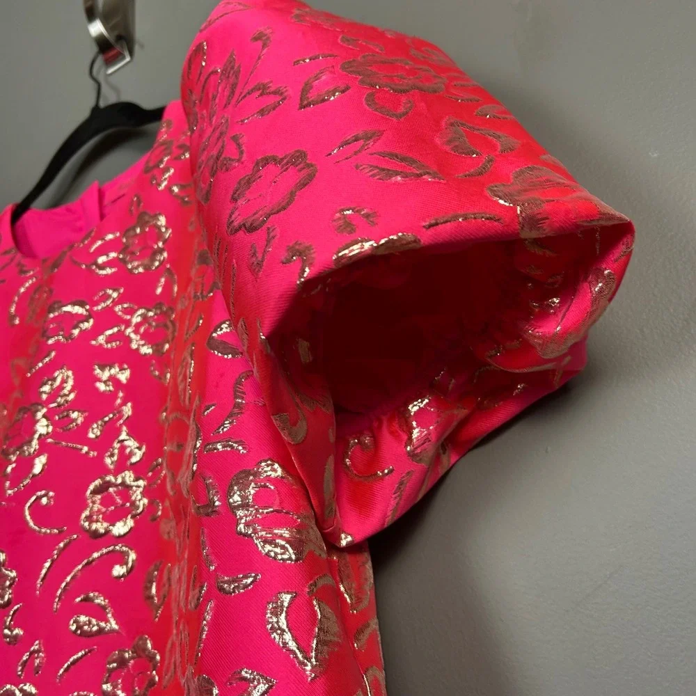 Lilly Pulitzer‎ top Large Pratt Hot Pink Gold Brocade Puff Sleeve Colorful Glam